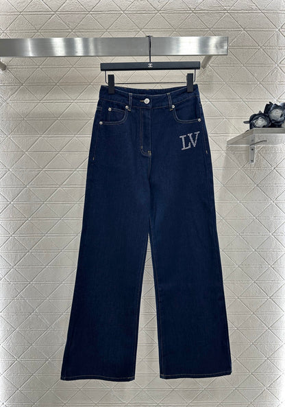 L 25 Collar rhinestone denim shirt+pants set