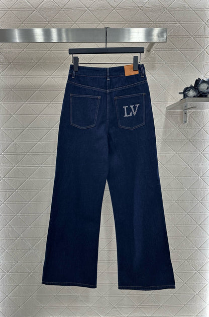 L 25 Collar rhinestone denim shirt+pants set