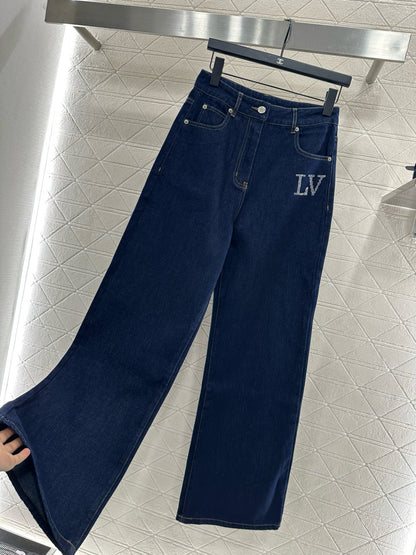 L 25 Collar rhinestone denim shirt+pants set