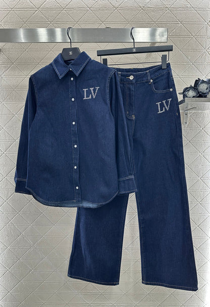 L 25 Collar rhinestone denim shirt+pants set