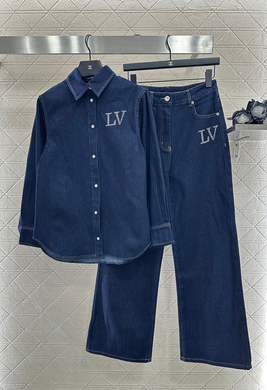 L 25 Collar rhinestone denim shirt+pants set