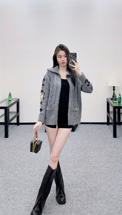 C 25 Zipper hook flower knitted wool cardigan
