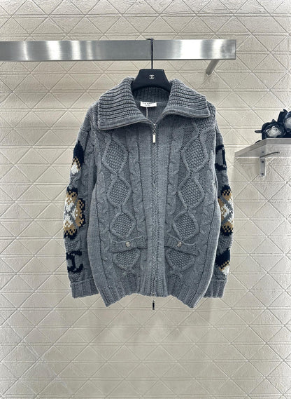 C 25 Zipper hook flower knitted wool cardigan