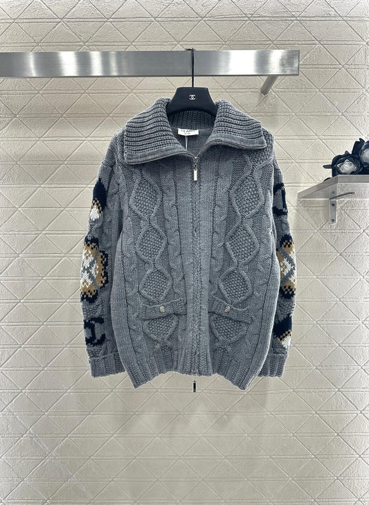 C 25 Zipper hook flower knitted wool cardigan