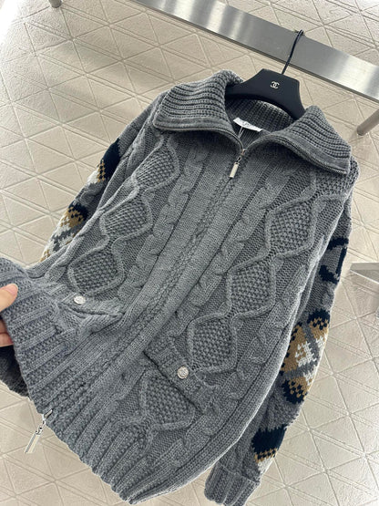 C 25 Zipper hook flower knitted wool cardigan