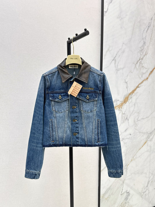Mi 25 Leather collar denim jacket（BLUE/GRAY）