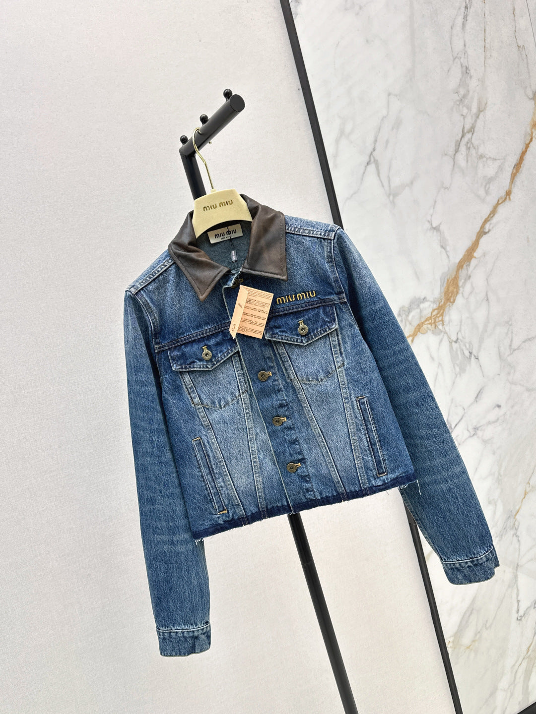 Mi 25 Leather collar denim jacket（BLUE/GRAY）