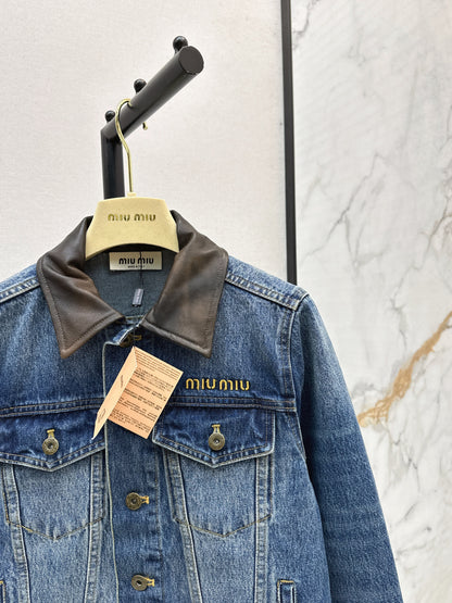 Mi 25 Leather collar denim jacket（BLUE/GRAY）