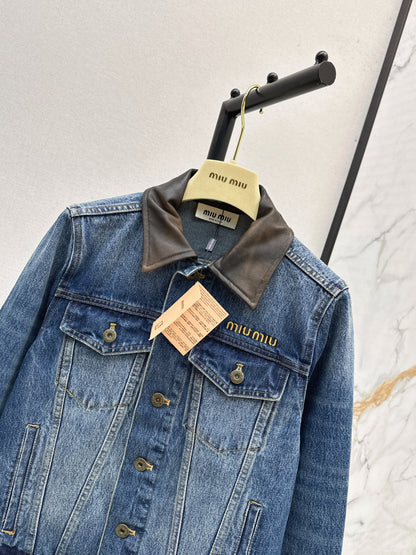 Mi 25 Leather collar denim jacket（BLUE/GRAY）