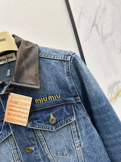 Mi 25 Leather collar denim jacket（BLUE/GRAY）