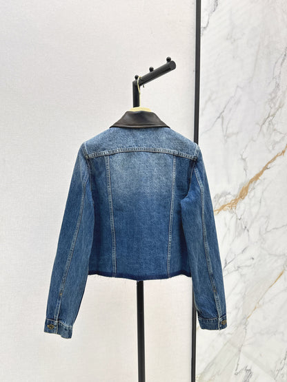 Mi 25 Leather collar denim jacket（BLUE/GRAY）