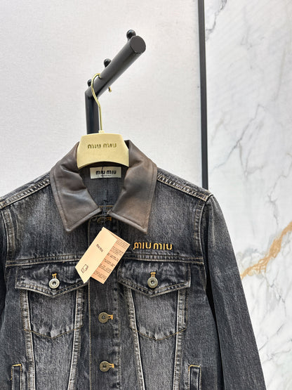 Mi 25 Leather collar denim jacket（BLUE/GRAY）