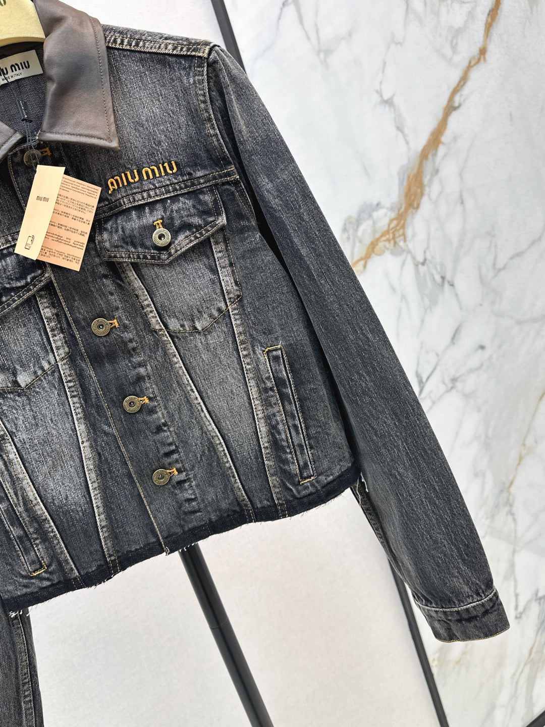 Mi 25 Leather collar denim jacket（BLUE/GRAY）