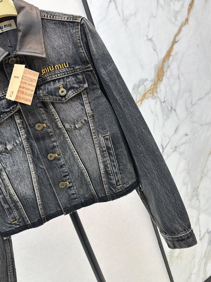 Mi 25 Leather collar denim jacket（BLUE/GRAY）