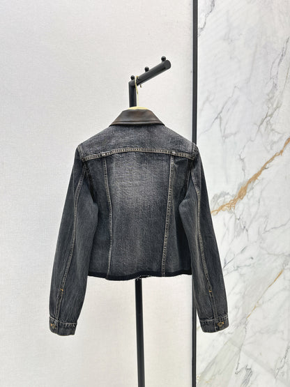 Mi 25 Leather collar denim jacket（BLUE/GRAY）