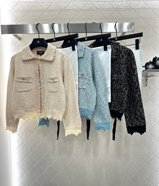 C 25 Cashmere wool blend embroidered lace knitted cardigan（BEIGI/BLUE/BLACK）