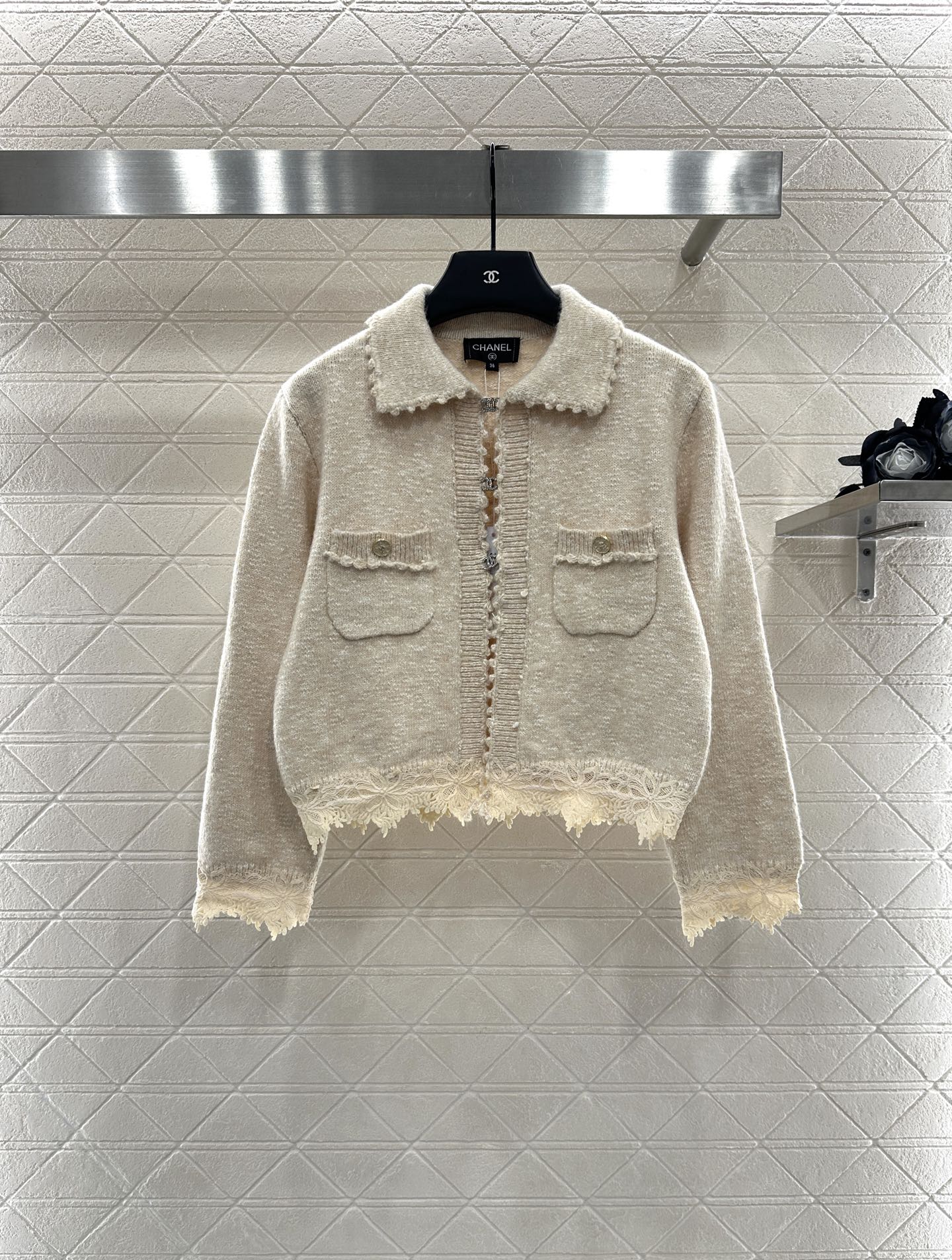 C 25 Cashmere wool blend embroidered lace knitted cardigan（BEIGI/BLUE/BLACK）
