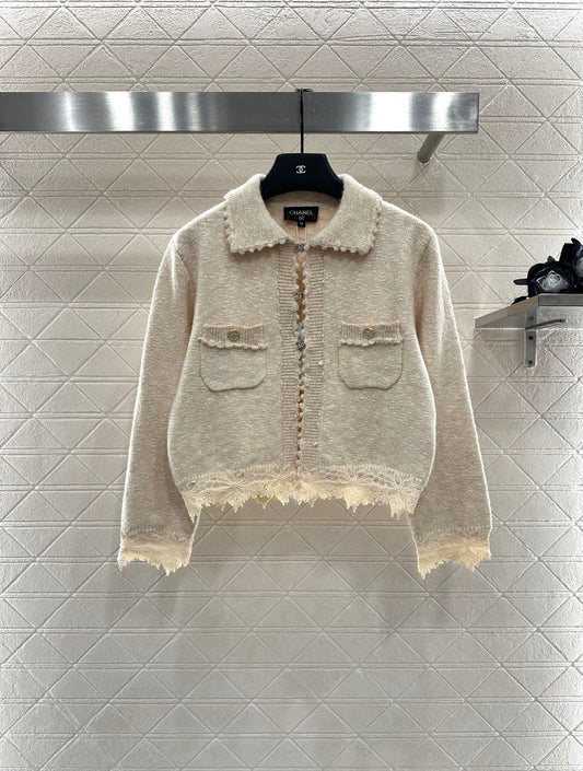 C 25 Cashmere wool blend embroidered lace knitted cardigan（BEIGI/BLUE/BLACK）