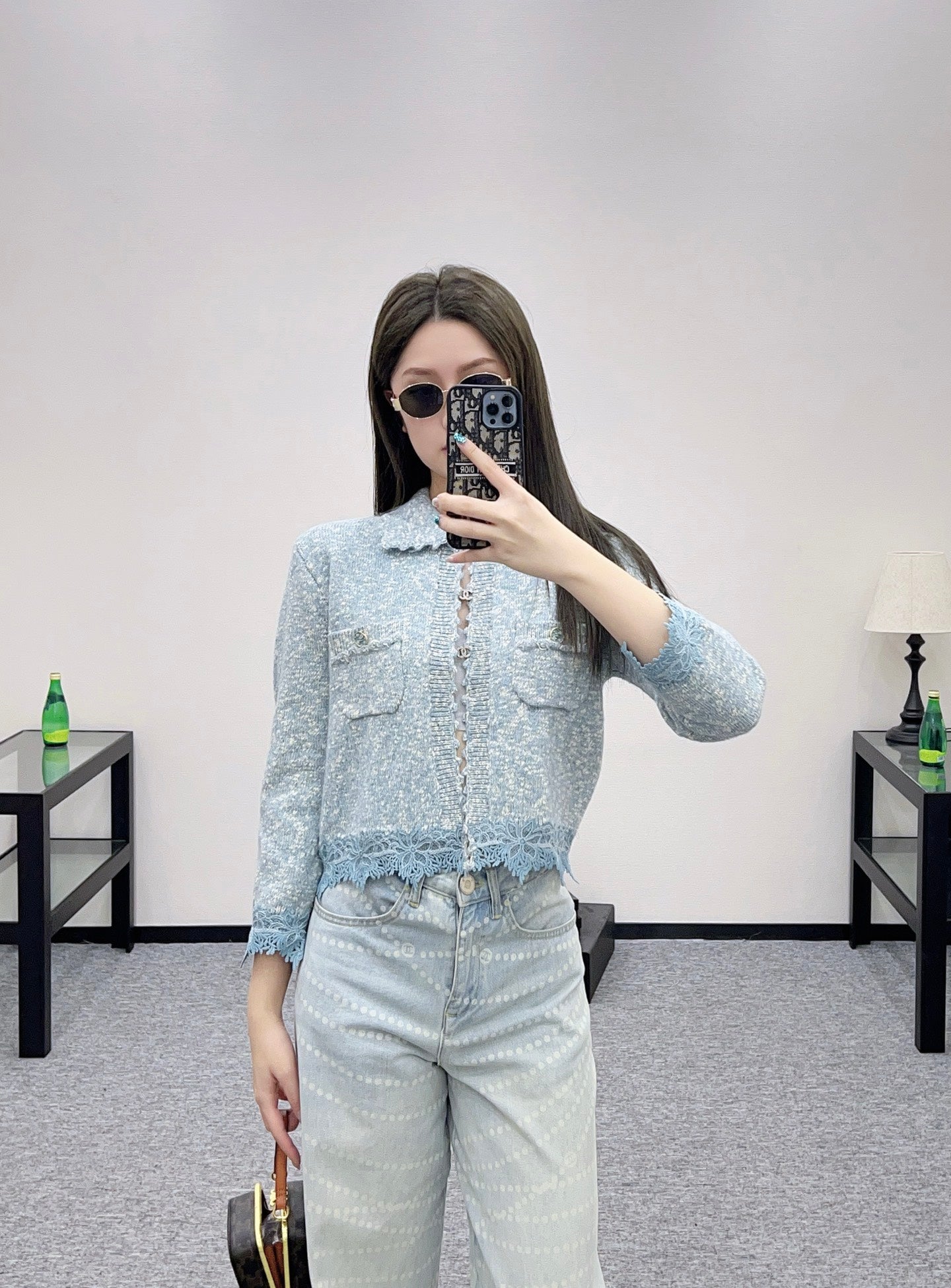 C 25 Cashmere wool blend embroidered lace knitted cardigan（BEIGI/BLUE/BLACK）