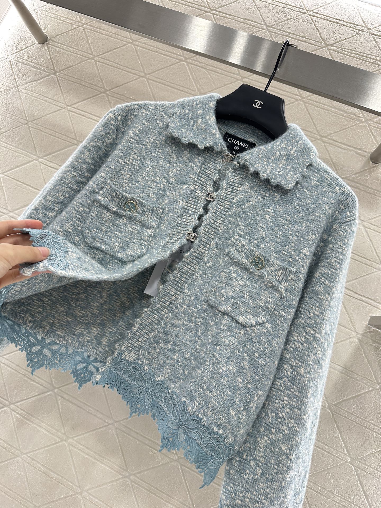 C 25 Cashmere wool blend embroidered lace knitted cardigan（BEIGI/BLUE/BLACK）