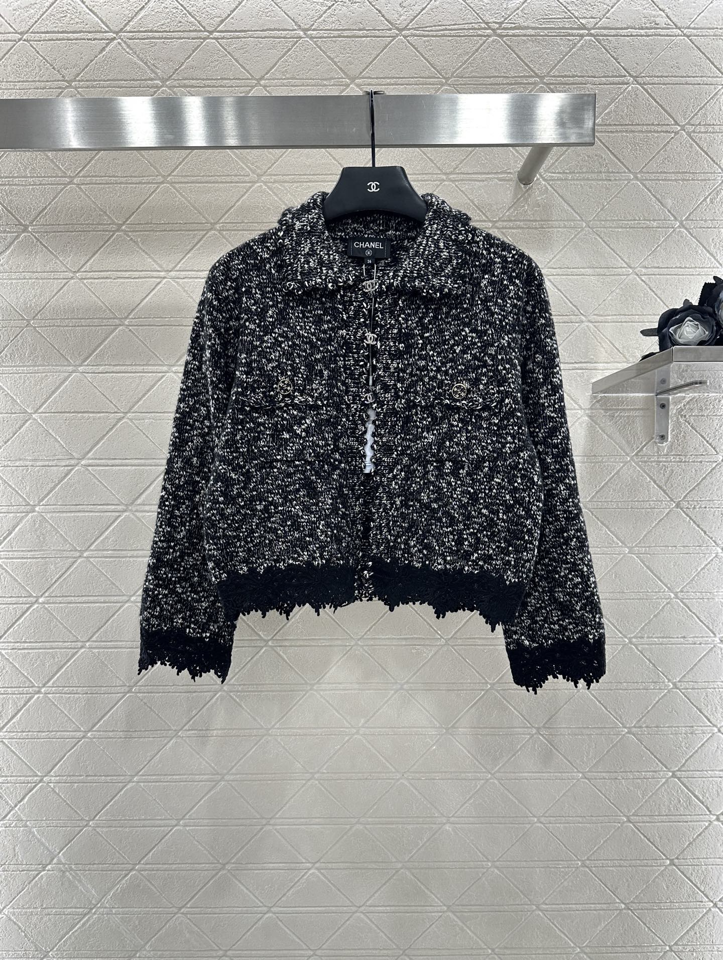 C 25 Cashmere wool blend embroidered lace knitted cardigan（BEIGI/BLUE/BLACK）