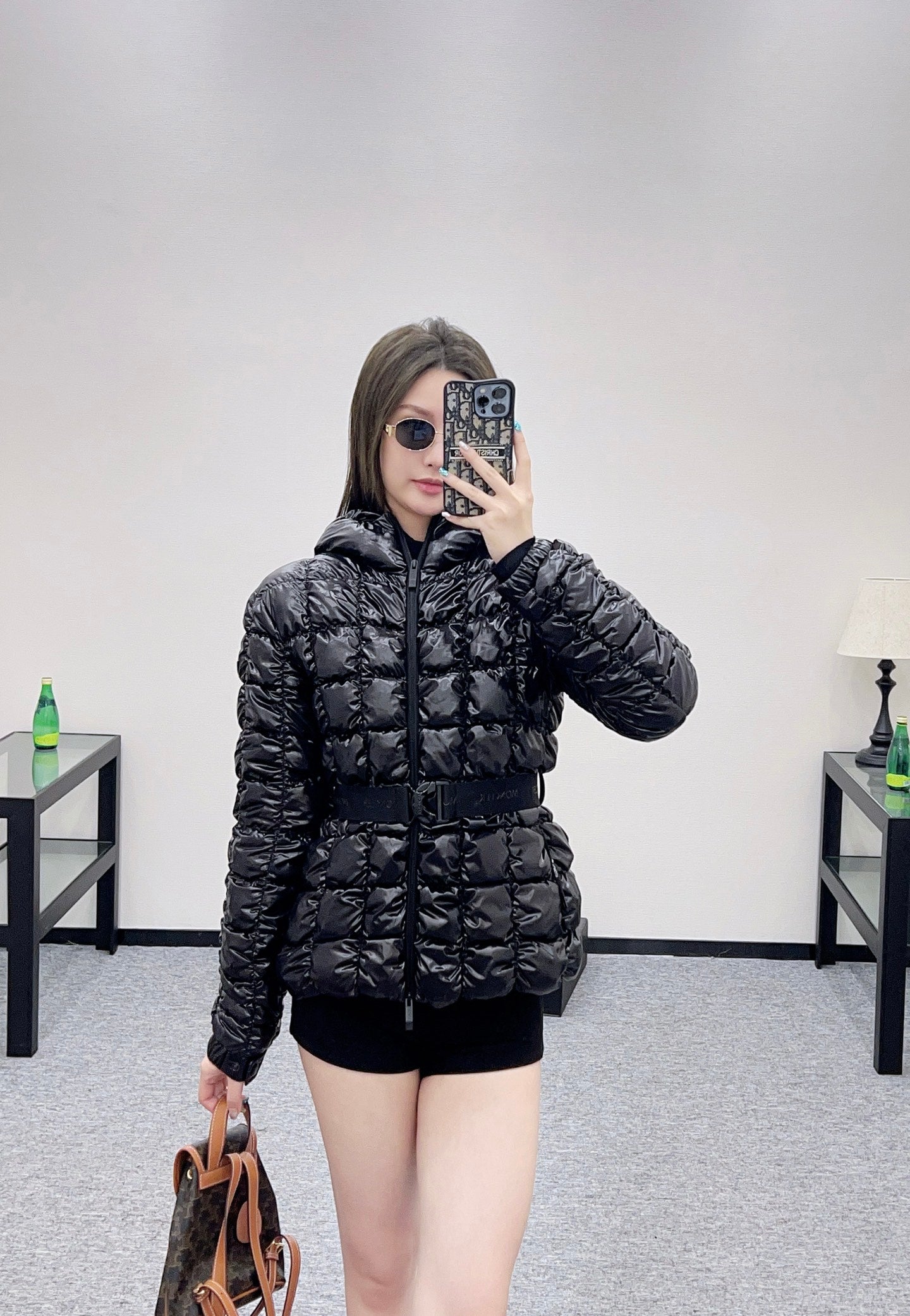 Mon 25 Stand up collar belt down jacket (made of waterproof and windproof material)（BLACK/PINK）