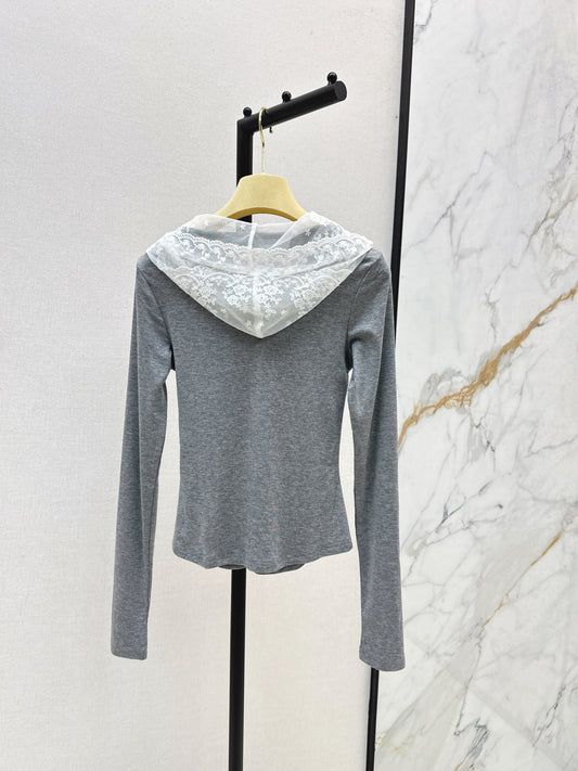 Mi 25 New hooded lace single-breasted bottoming shirt(BEIGI/GRAY)