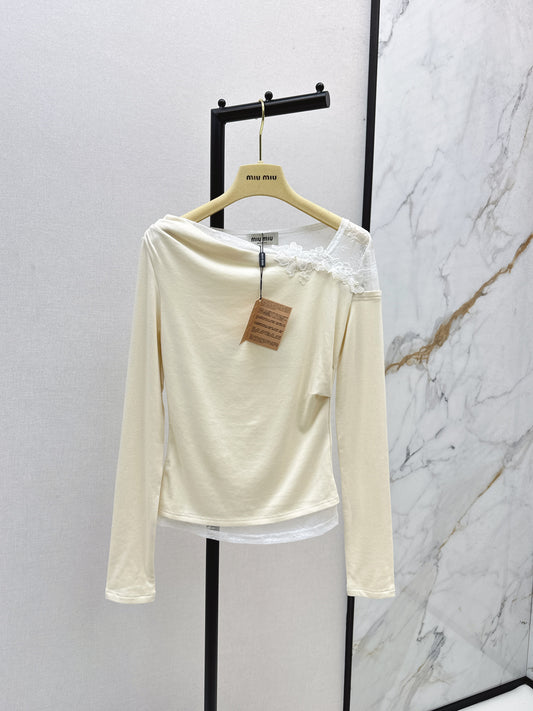 Mi 25 New three-dimensional flower lace round neck bottom long sleeve（BEIGI/BLACK）