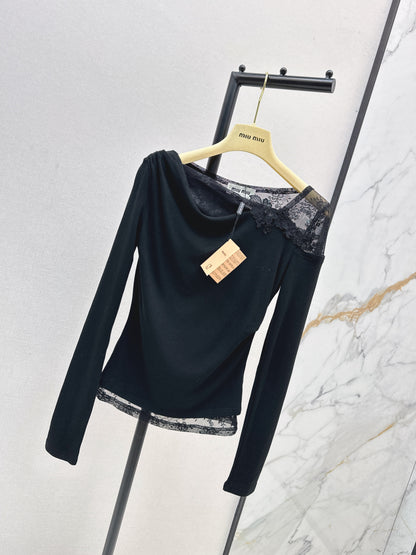 Mi 25 New three-dimensional flower lace round neck bottom long sleeve（BEIGI/BLACK）