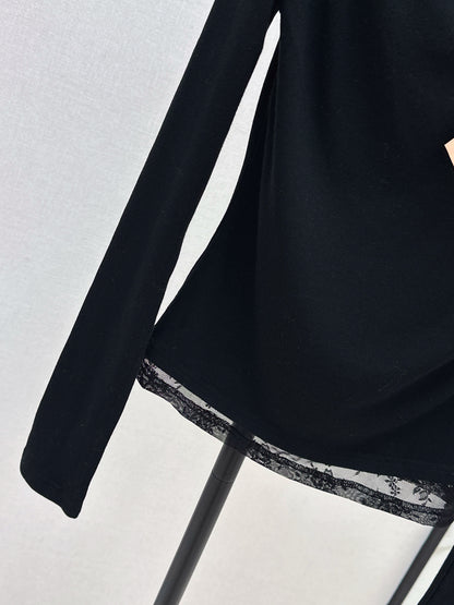 Mi 25 New three-dimensional flower lace round neck bottom long sleeve（BEIGI/BLACK）