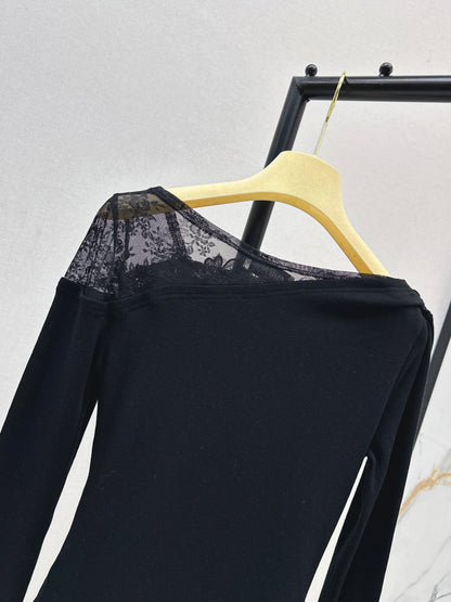Mi 25 New three-dimensional flower lace round neck bottom long sleeve（BEIGI/BLACK）