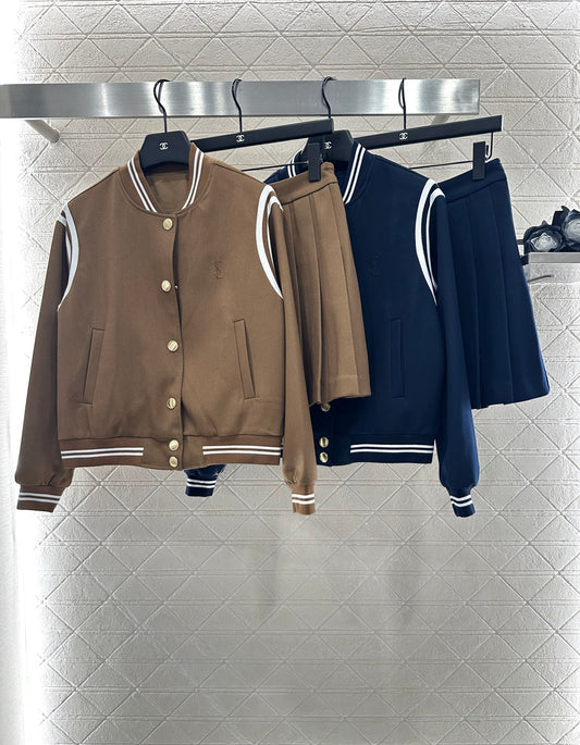 Y 25 Embroidered Baseball Jacket + Pleated Skirt Set (Brown/Navy)
