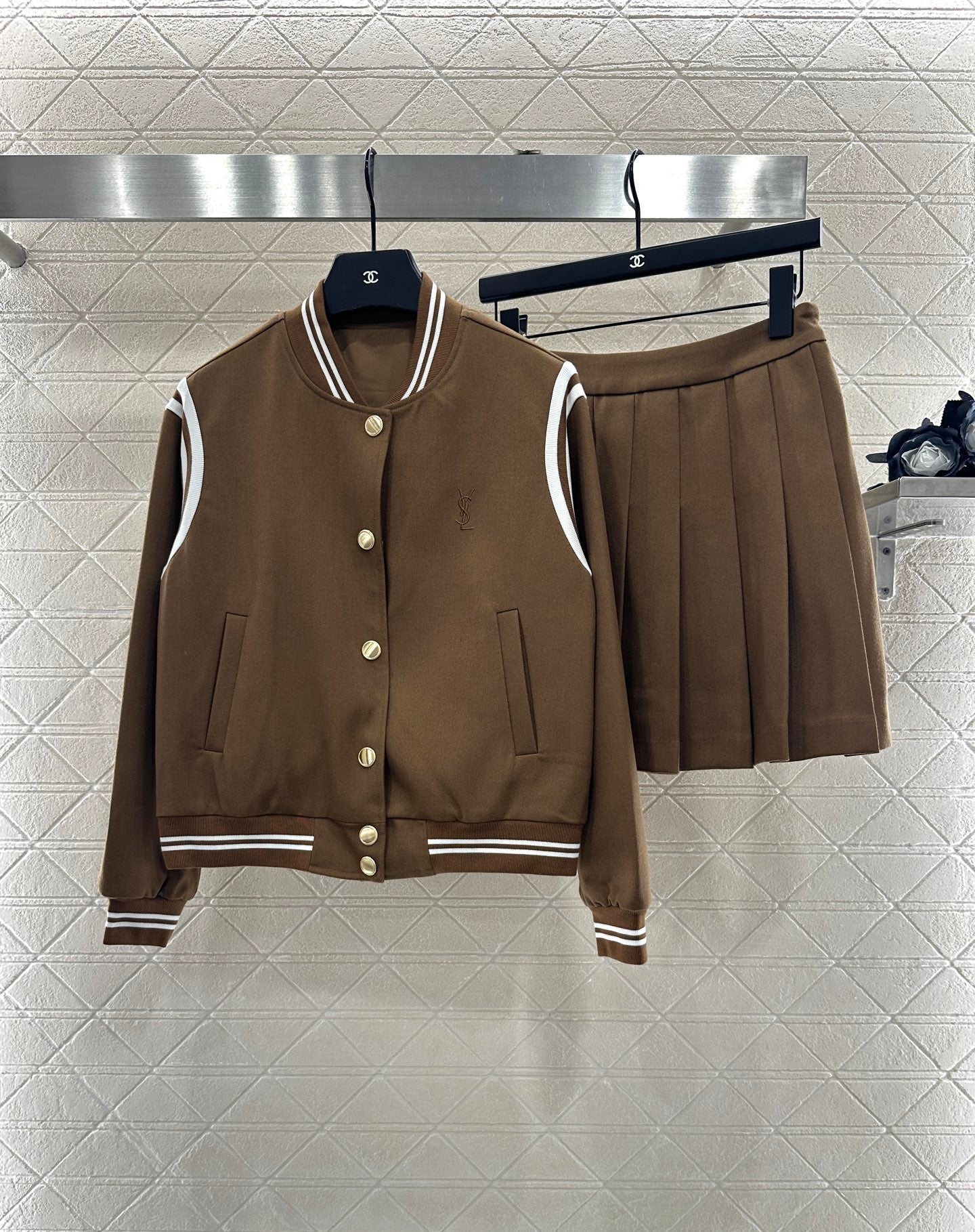 Y 25 Embroidered Baseball Jacket + Pleated Skirt Set (Brown/Navy)