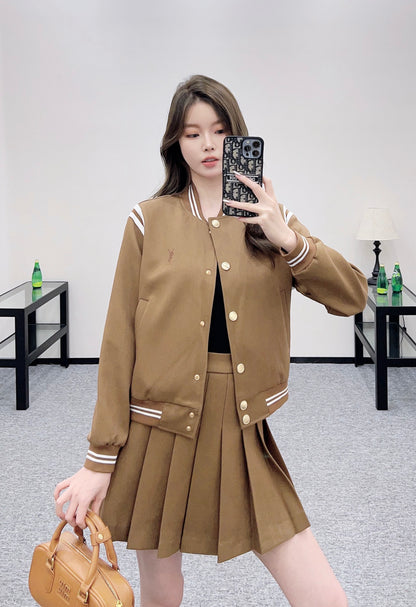 Y 25 Embroidered Baseball Jacket + Pleated Skirt Set (Brown/Navy)
