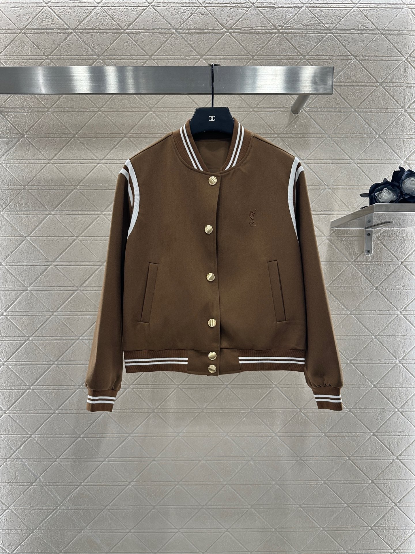 Y 25 Embroidered Baseball Jacket + Pleated Skirt Set (Brown/Navy)