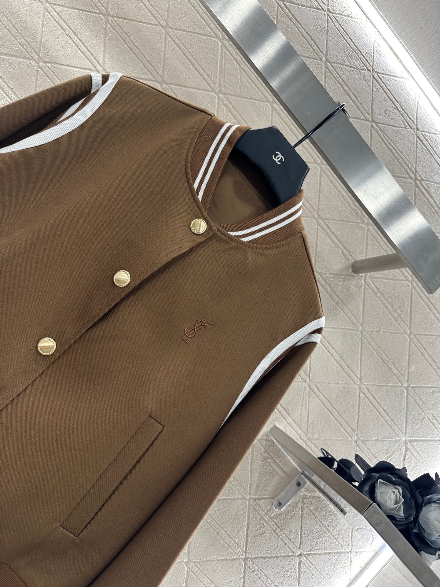 Y 25 Embroidered Baseball Jacket + Pleated Skirt Set (Brown/Navy)