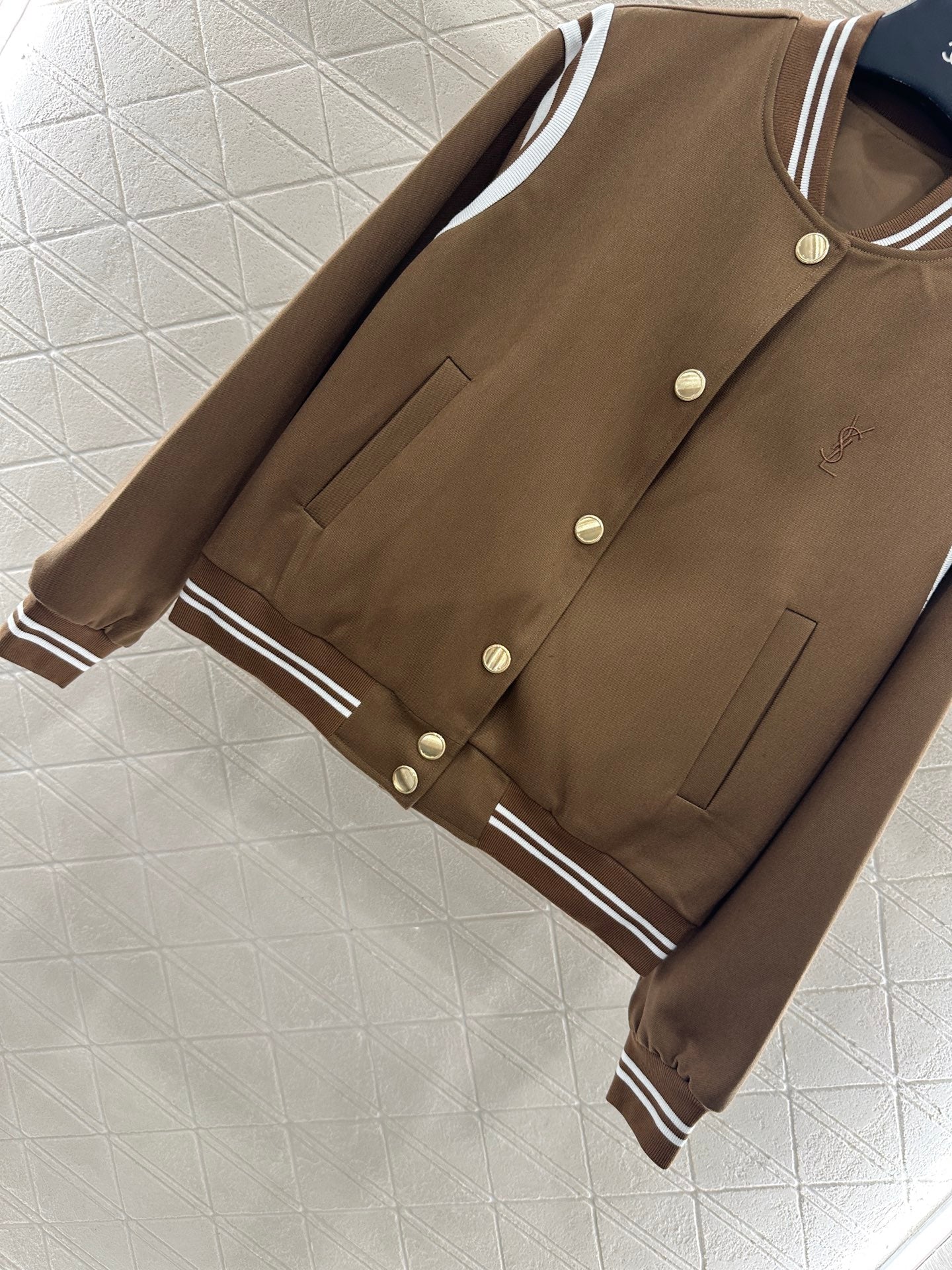 Y 25 Embroidered Baseball Jacket + Pleated Skirt Set (Brown/Navy)