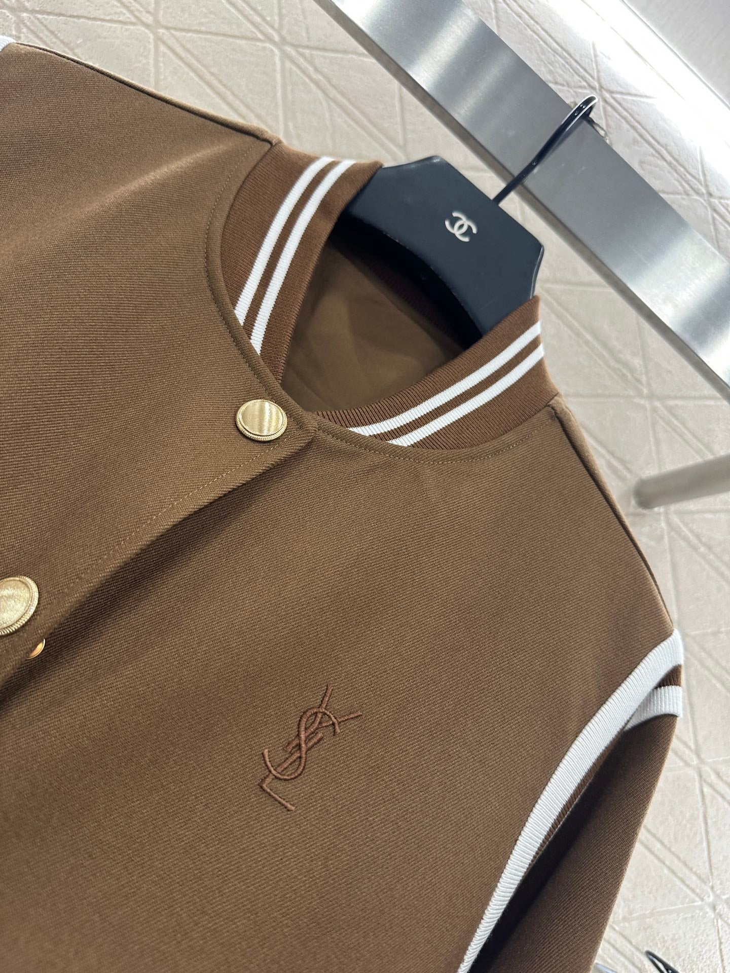 Y 25 Embroidered Baseball Jacket + Pleated Skirt Set (Brown/Navy)
