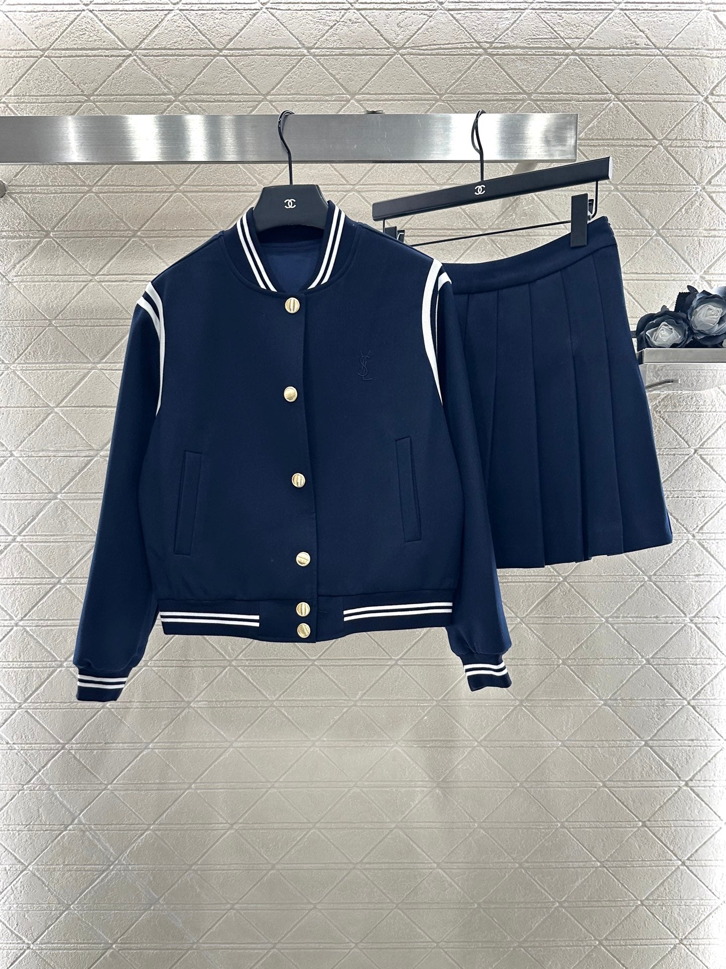 Y 25 Embroidered Baseball Jacket + Pleated Skirt Set (Brown/Navy)
