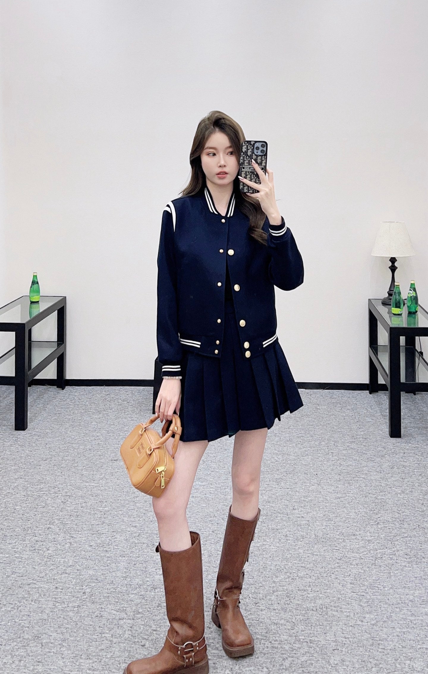 Y 25 Embroidered Baseball Jacket + Pleated Skirt Set (Brown/Navy)
