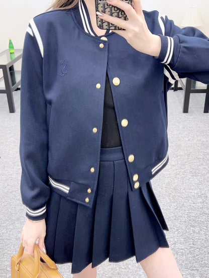 Y 25 Embroidered Baseball Jacket + Pleated Skirt Set (Brown/Navy)