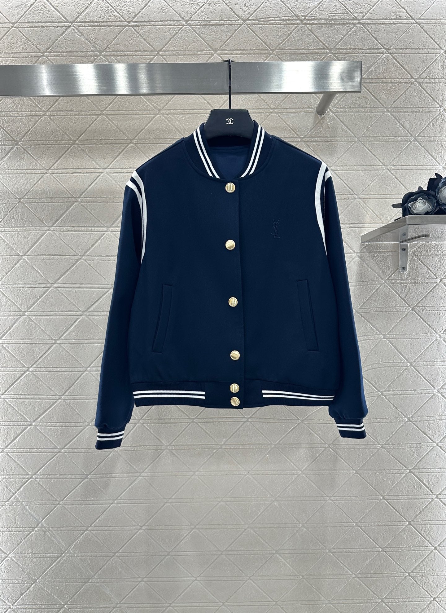 Y 25 Embroidered Baseball Jacket + Pleated Skirt Set (Brown/Navy)