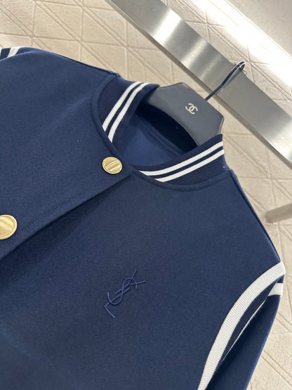 Y 25 Embroidered Baseball Jacket + Pleated Skirt Set (Brown/Navy)