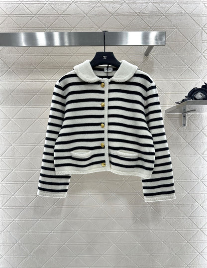 Ce 25 Collar Knitted Wool Blended Striped Cardigan