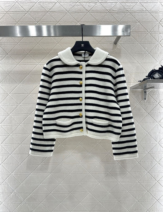 Ce 25 Collar Knitted Wool Blended Striped Cardigan