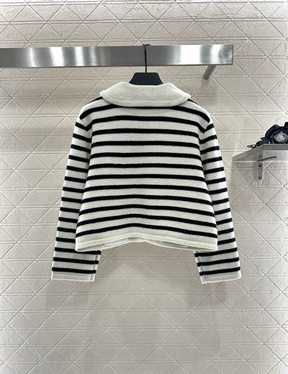 Ce 25 Collar Knitted Wool Blended Striped Cardigan