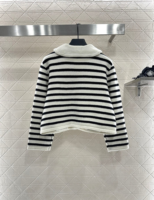 Ce 25 Collar Knitted Wool Blended Striped Cardigan