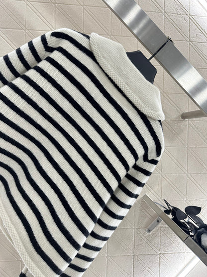 Ce 25 Collar Knitted Wool Blended Striped Cardigan