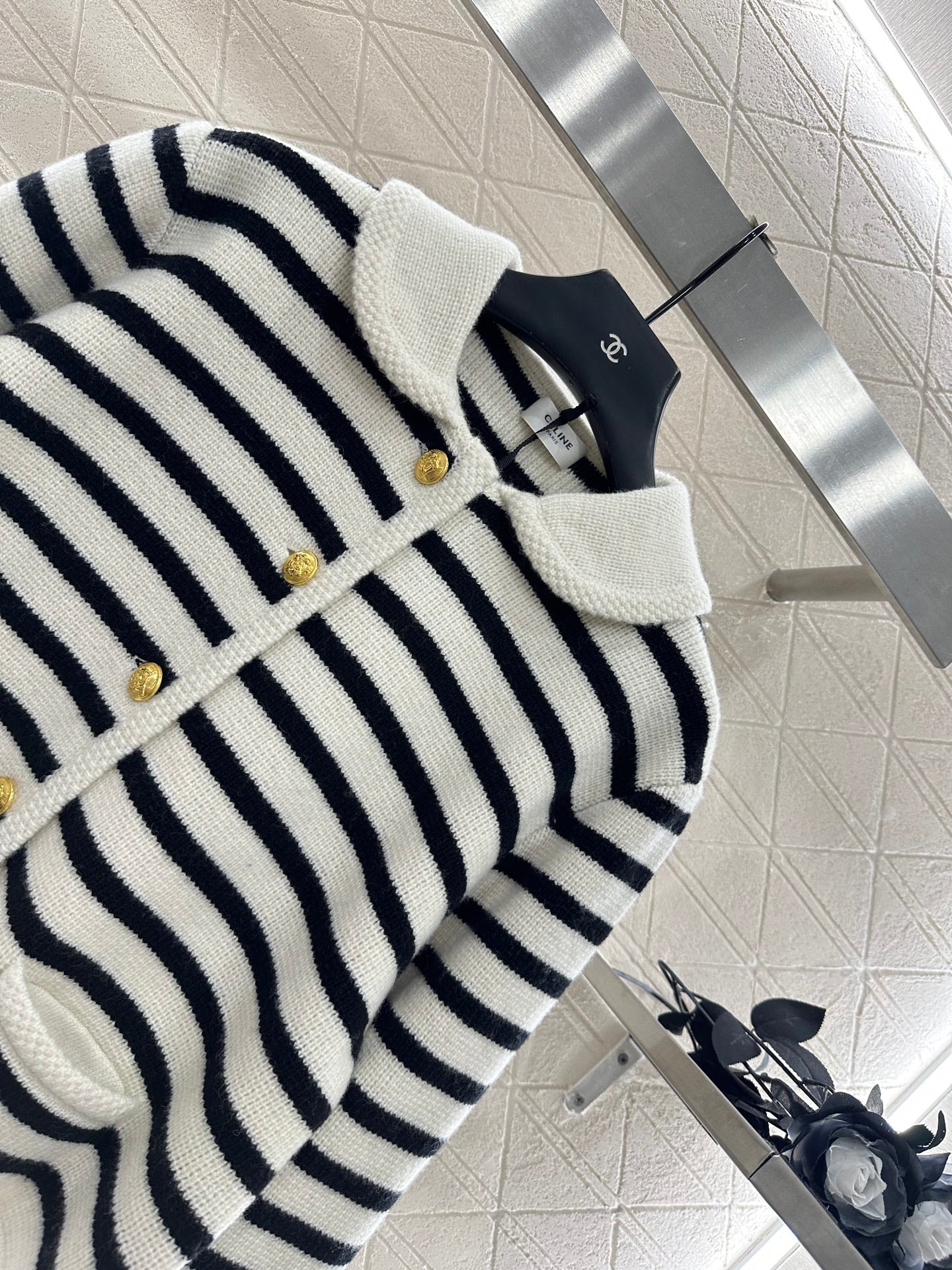 Ce 25 Collar Knitted Wool Blended Striped Cardigan