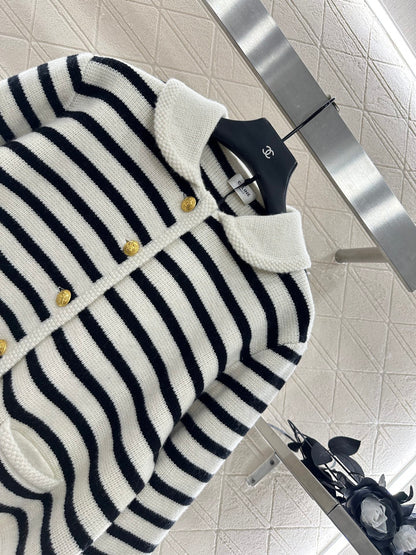 Ce 25 Collar Knitted Wool Blended Striped Cardigan